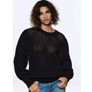 EUC ZARA Black Crewneck Sweater Open Knit Balloon Cotton Blend Pullover M